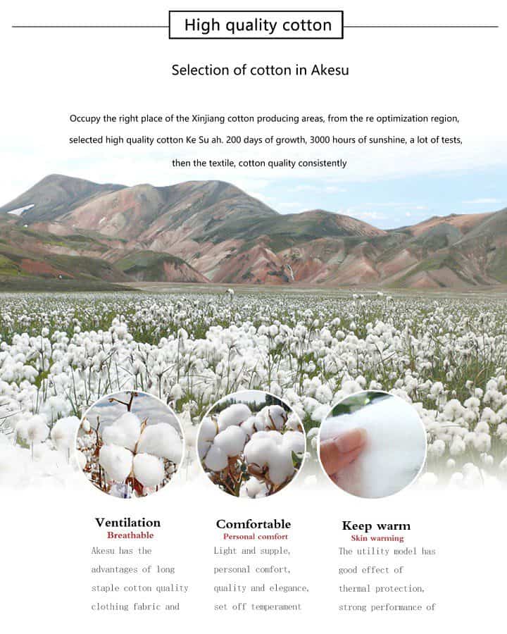 Cotton merchandise showing cotton fields with mountains in the background and close-up images of cotton bolls, emphasizing quality, comfort, and warmth.
