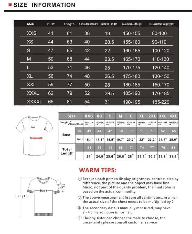 Plain white graphic t-shirt with size chart and measurement details for men’s clothing.