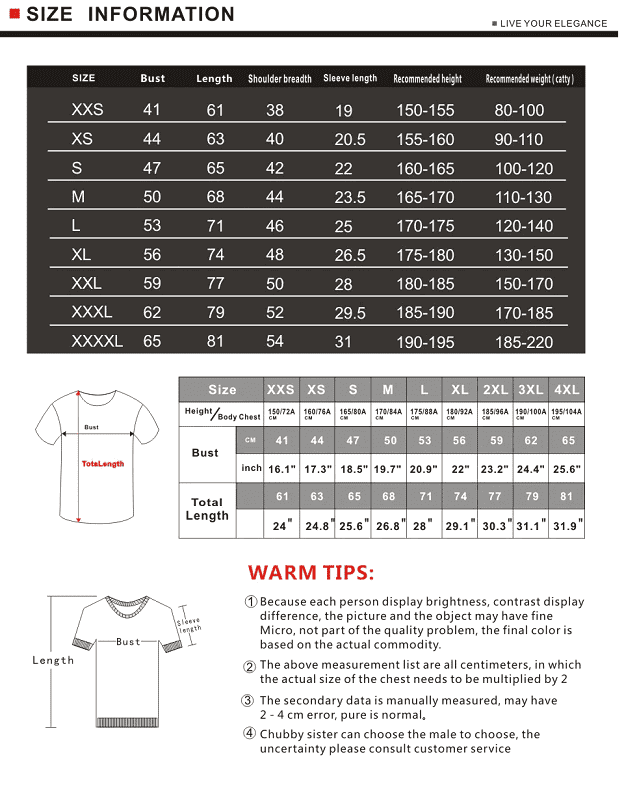 Women's size chart merch.