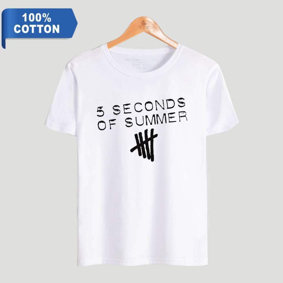 Soft white cotton t-shirt with "5 Seconds of Summer" text and tally mark graphic, perfect for fans.
