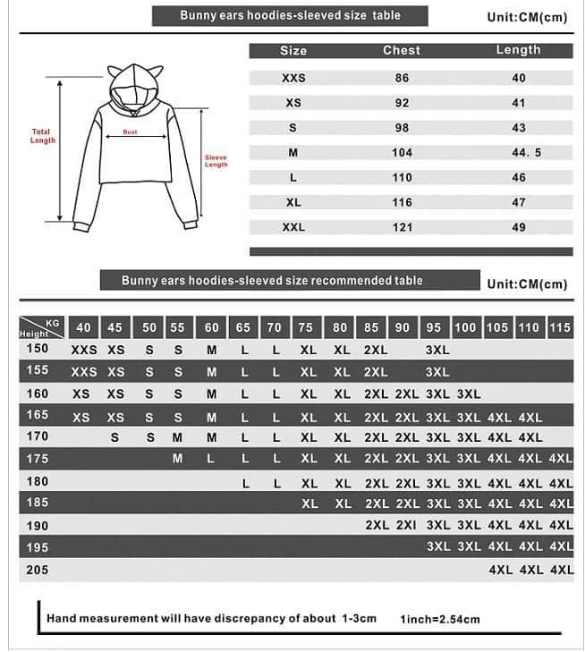 Bunny ears hoodie with size chart for different chest and length measurements, featuring a hood with bunny ears and a playful, cozy design suitable for all ages.