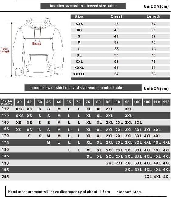 Chart displaying hoodie size chart with measurements in centimeters.