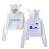 Blender hoodie with animal ear hood, white color, featuring blue text and floral design, casual and trendy merchandise.