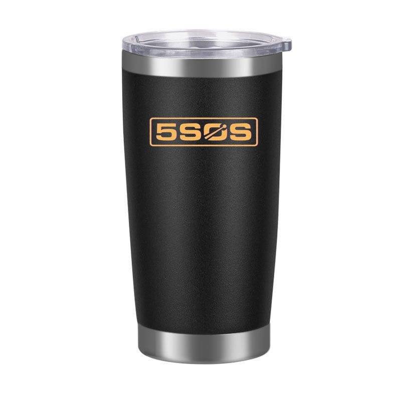 Stainless steel travel tumbler with black matte finish and 5SOS logo in gold.