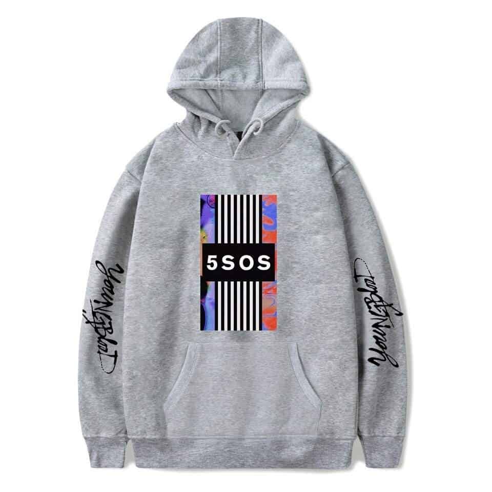 Barcode design hoodie with "5SOS" text and signature script on sleeves, casual streetwear for fans of the band.