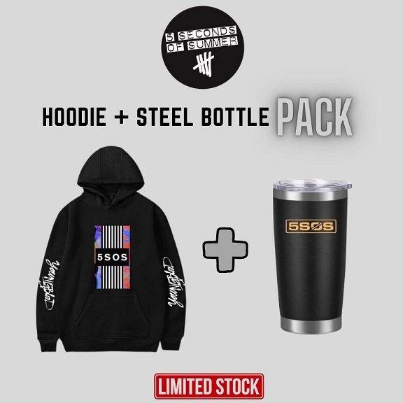 Black hoodie featuring the 5 Seconds of Summer logo and text, paired with a sleek black steel tumbler with the band's logo, part of a limited stock merch bundle.