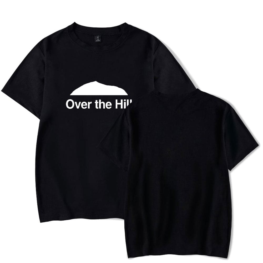 Over the Hill black T-shirts with mountain graphic and bold white text, perfect for outdoor enthusiasts and casual wear. Unisex design suitable for all ages and styles. Made from comfortable, durable fabric.
