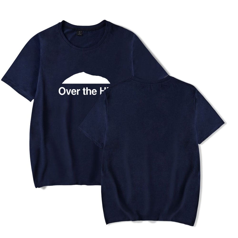 Comfortable navy blue t-shirt featuring a minimalist mountain graphic and the text "Over the Hill" for casual wear or outdoor enthusiasts. Perfect for gifting or everyday style.
