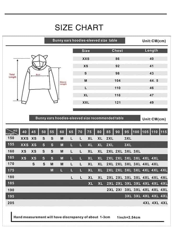 Gray bunny ears hoodie with a size chart and recommended measurement guide. Perfect for fans of cute, animal-themed apparel looking for a cozy, stylish hoodie.