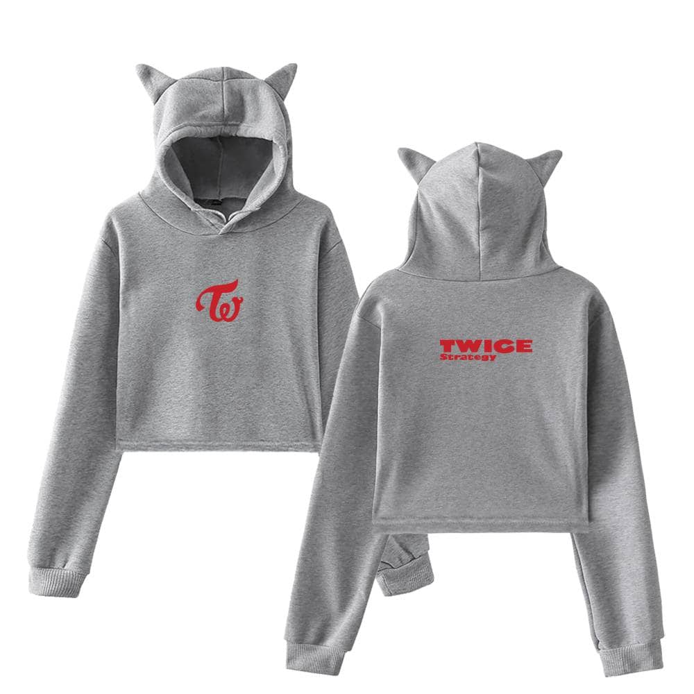 TWICE strategy hoodie with cat ears, featuring a red TWICE logo on the front and "TWICE Strategy" text on the back, made of soft grey fabric.