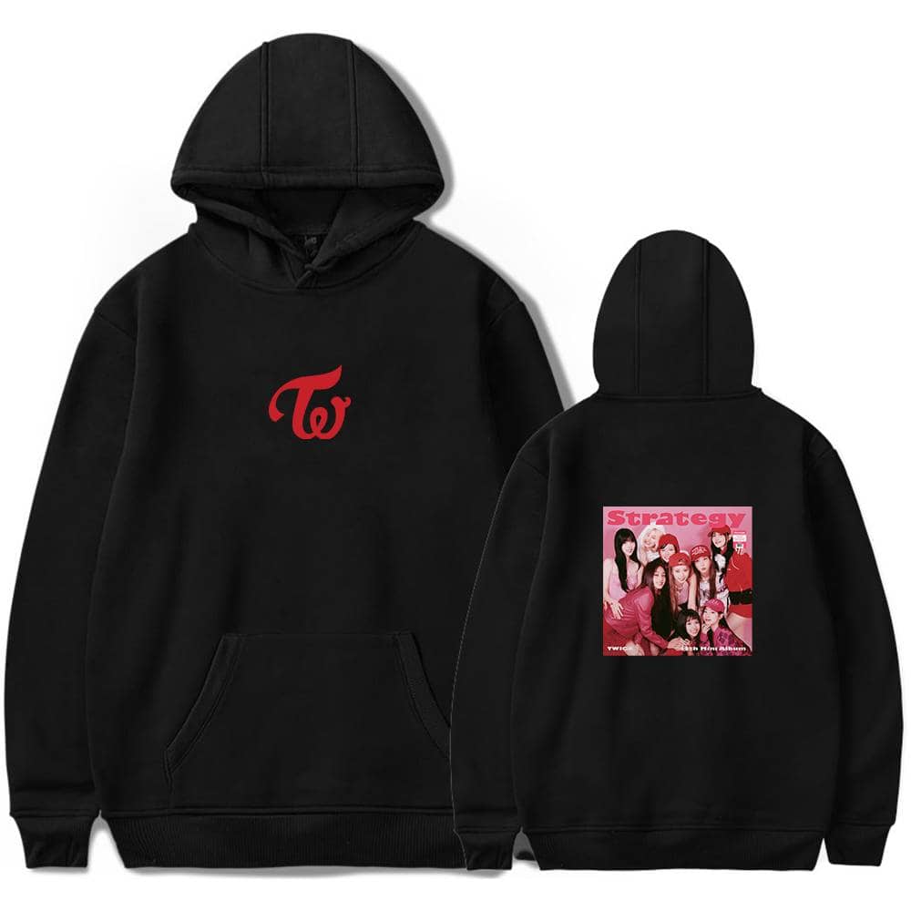 Twice logo hoodie with front and back designs, featuring a red "Twice" logo on the front and a group photo with the word "Strategy" on the back, perfect for K-pop fans.