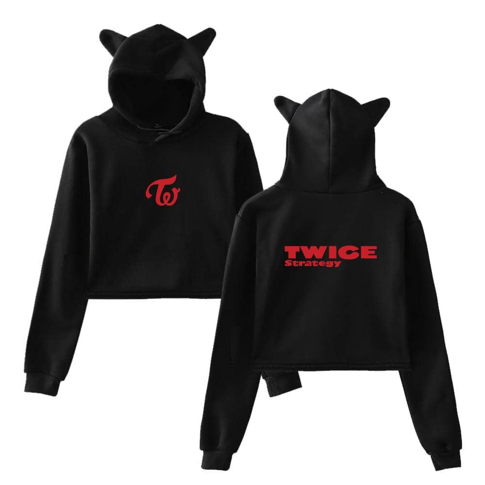 Twice strategy black hoodie with cat ears, front and back view, stylish streetwear merchandise for K-pop fans.