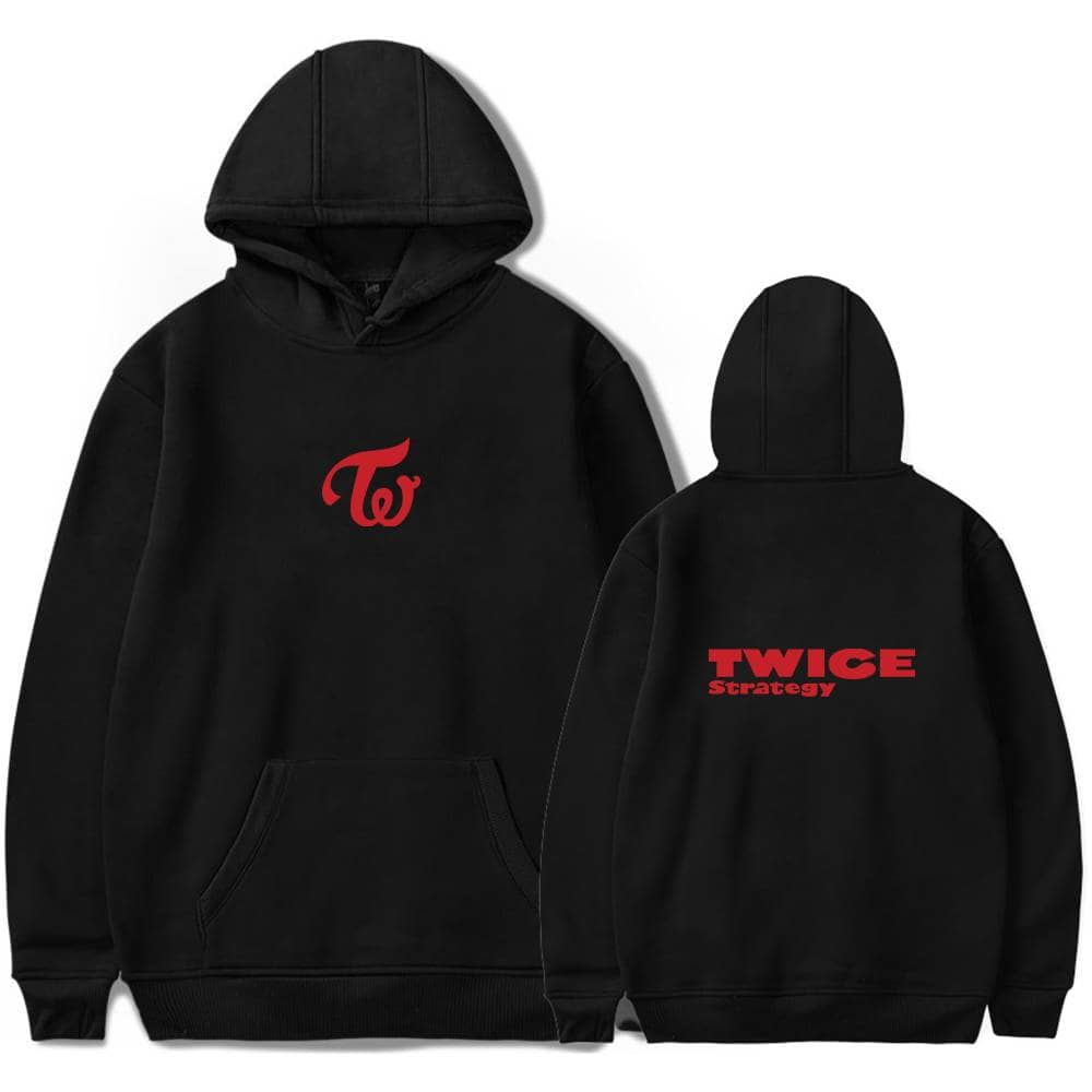 TWICE hoodie with the red TWICE logo on the front and "TWICE Strategy" text on the back, perfect for fans of the K-pop group, offering casual and stylish streetwear.
