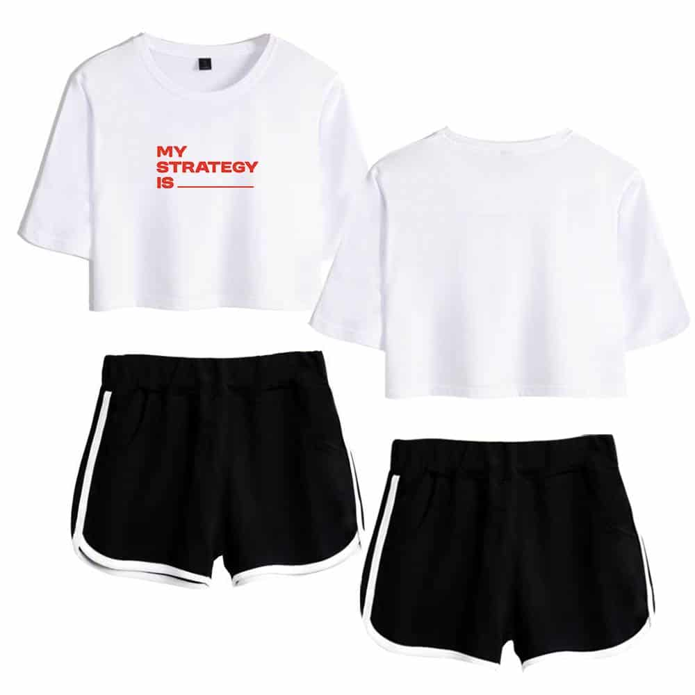 My Strategy Is T-Shirt and Black Sports Shorts Set, Casual Athletic Wear, Unisex Workout Clothing, Perfect for Running, Gym, and Sports Activities.