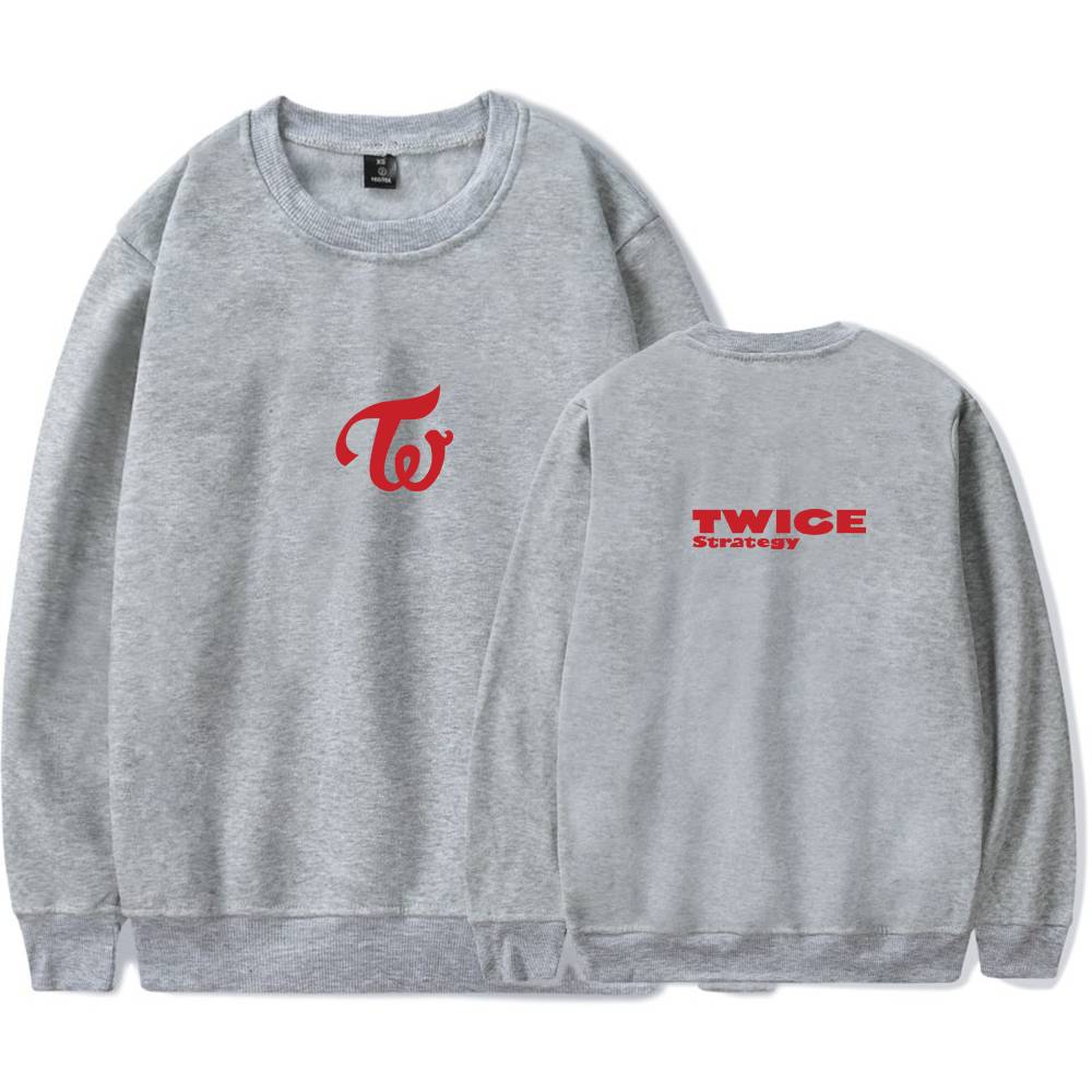 Twice Strategy sweatshirt with team logo and text in red on grey fabric, front and back views. Perfect casual wear for fans of the K-pop group TWICE, featuring comfortable material and stylish design.