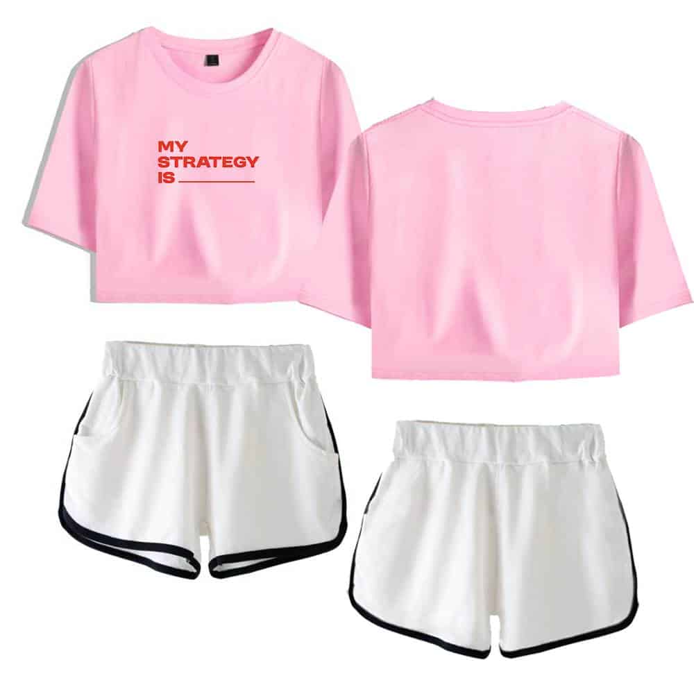 My strategy is blank pink t-shirt set with white athletic shorts with black trim for a sporty casual look.