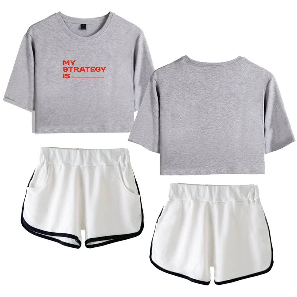 My strategy is_____ sweatshirt and white running shorts with black trim, casual athletic wear.