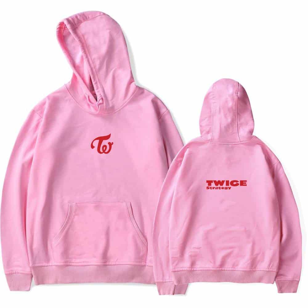 TWICE strategy pink hoodie with logo front and back design, casual streetwear merchandise for fans.