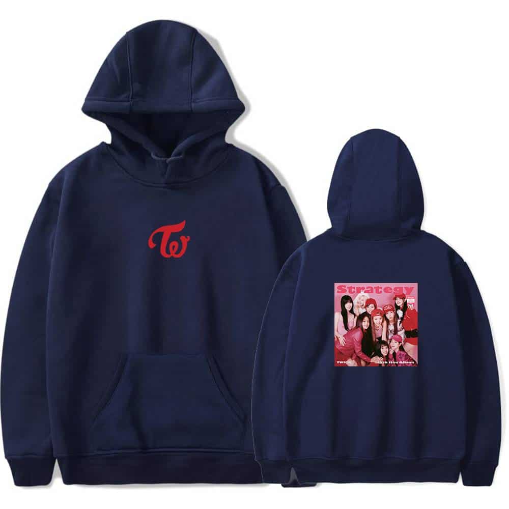 TW logo hoodie with back print featuring a K-pop girl group wearing pink outfits. Stylish streetwear for fans and fashion enthusiasts. Fits both casual and concert wear.