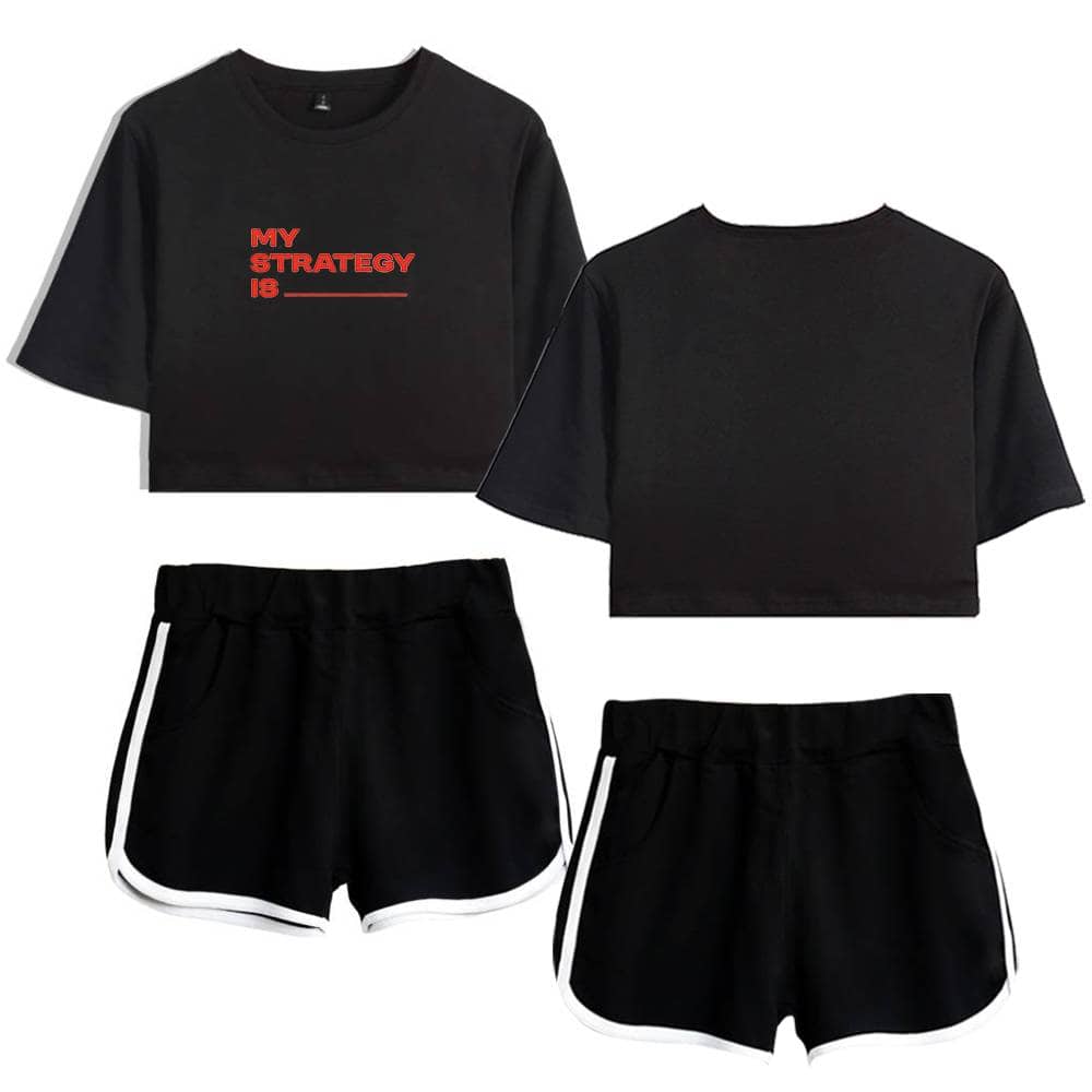 My strategy 18 cropped black t-shirt with red text and black athletic shorts with white trim, casual sportswear set for fitness or lounging.