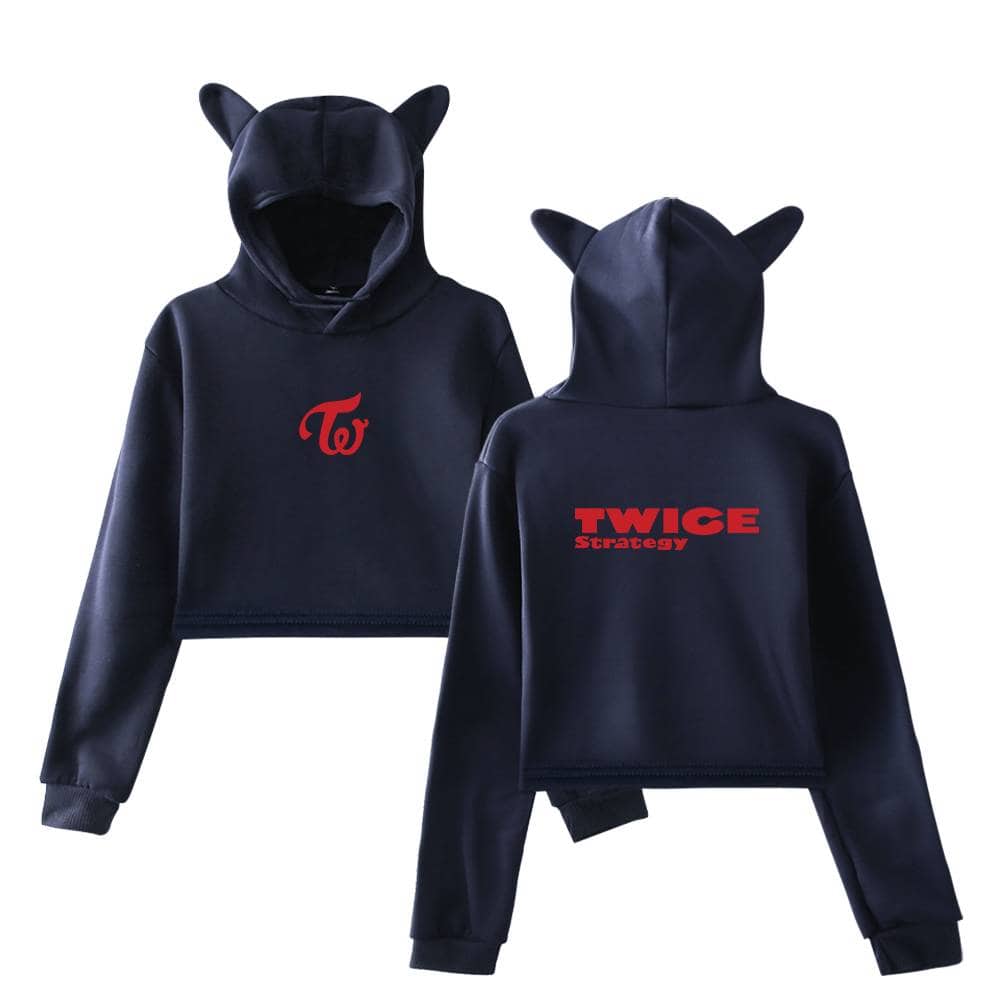 TWICE strategy hoodie with cat ears, black cropped sweatshirt, red logo, trendy streetwear, comfortable and stylish for K-pop fans and fashion enthusiasts.