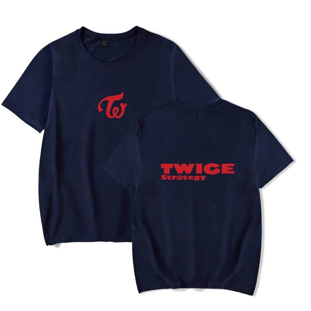 Font-weight: 400;">TWICE strategy t-shirt featuring red text on a navy blue background, with a front TWICE logo and back statement promoting strategic teamwork, perfect for fans and team members.