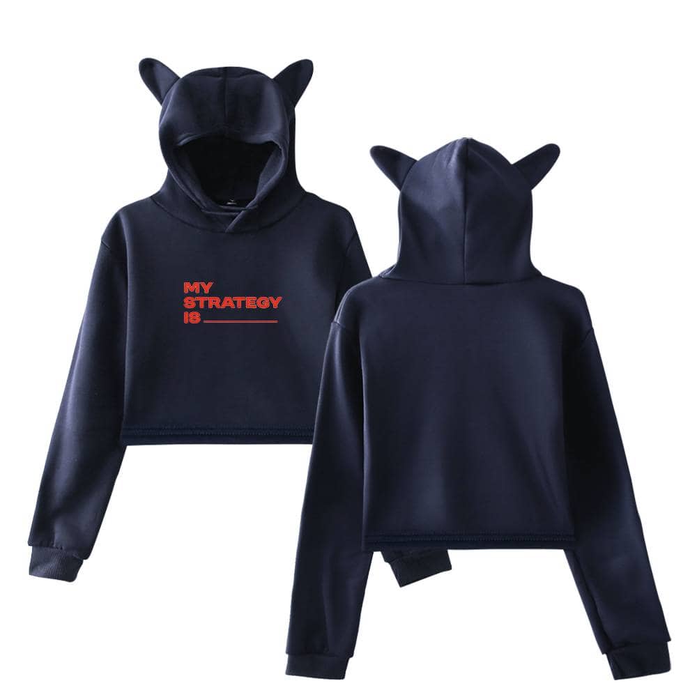 Black cropped hoodie with cat ear hood and "MY STRATEGY IS" printed in red on the front, designed for kids. Made of soft, comfortable fabric, perfect for casual wear and adding a fun, playful touch to outfits.