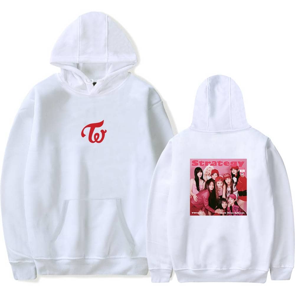Twice logo hoodie featuring front red "T" TWICE emblem and back pink "Strategy" album cover print, stylish streetwear perfect for K-pop fans.