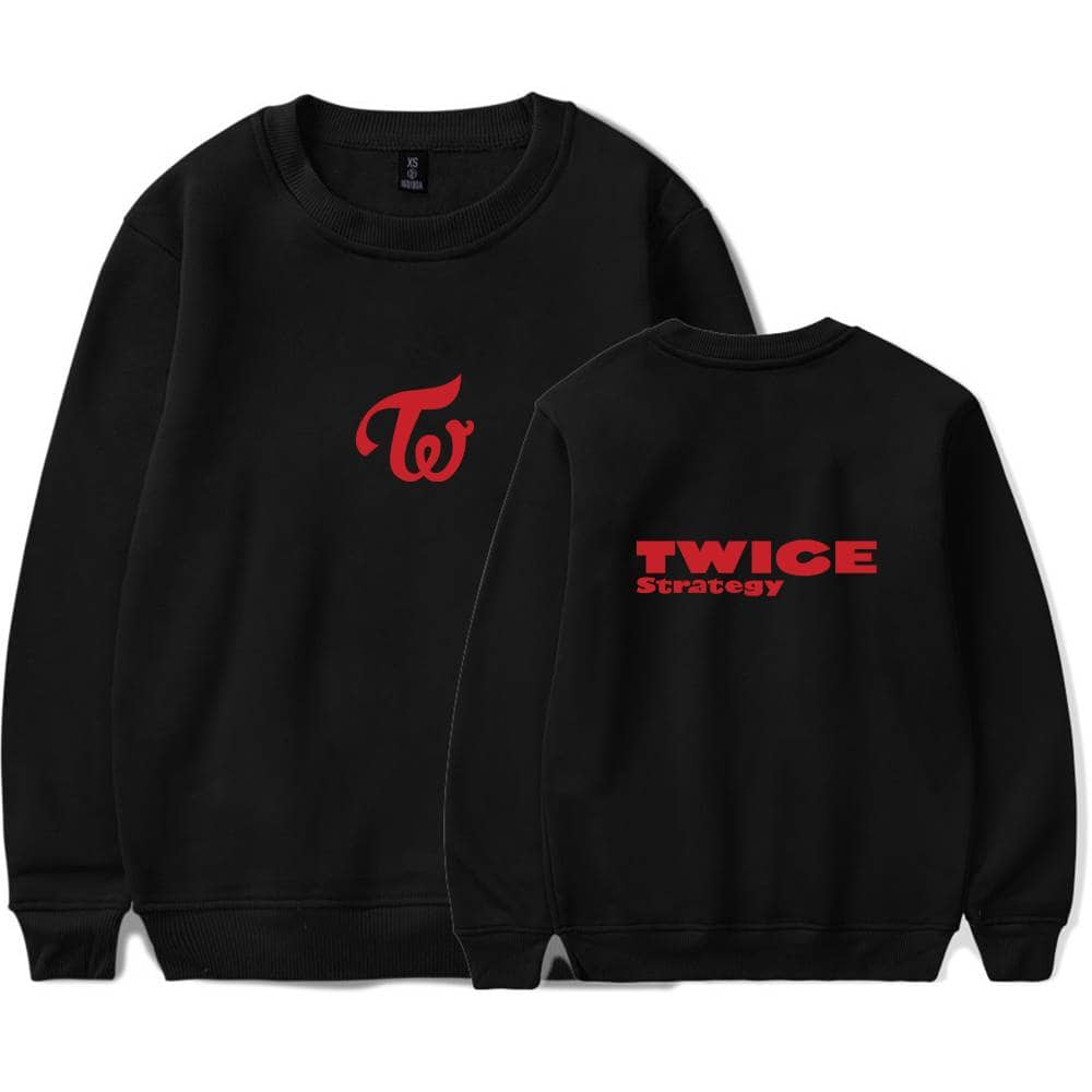 TWICE strategy sweatshirt featuring the TWICE logo on the front and bold TWICE strategy text on the back, ideal for fans of the K-pop group TWICE.