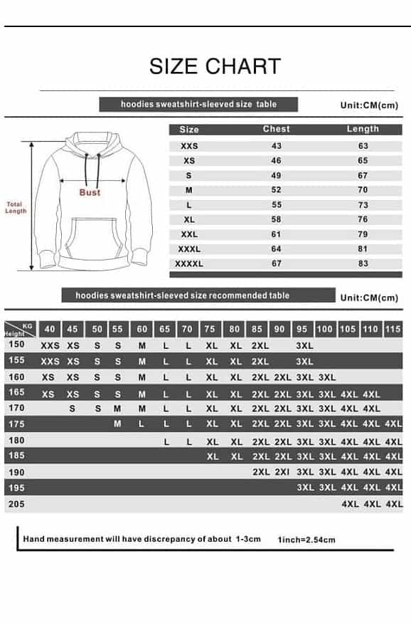 XXL hoodie size chart with measurements for chest and length, including size recommendations based on height and weight. Ideal for selecting the perfect hoodie fit for various body types.