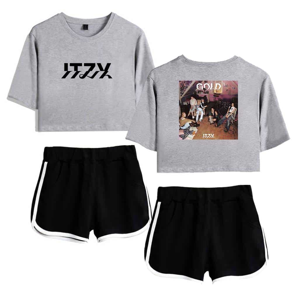 Itzy cropped sweatshirt with black and white shorts set.