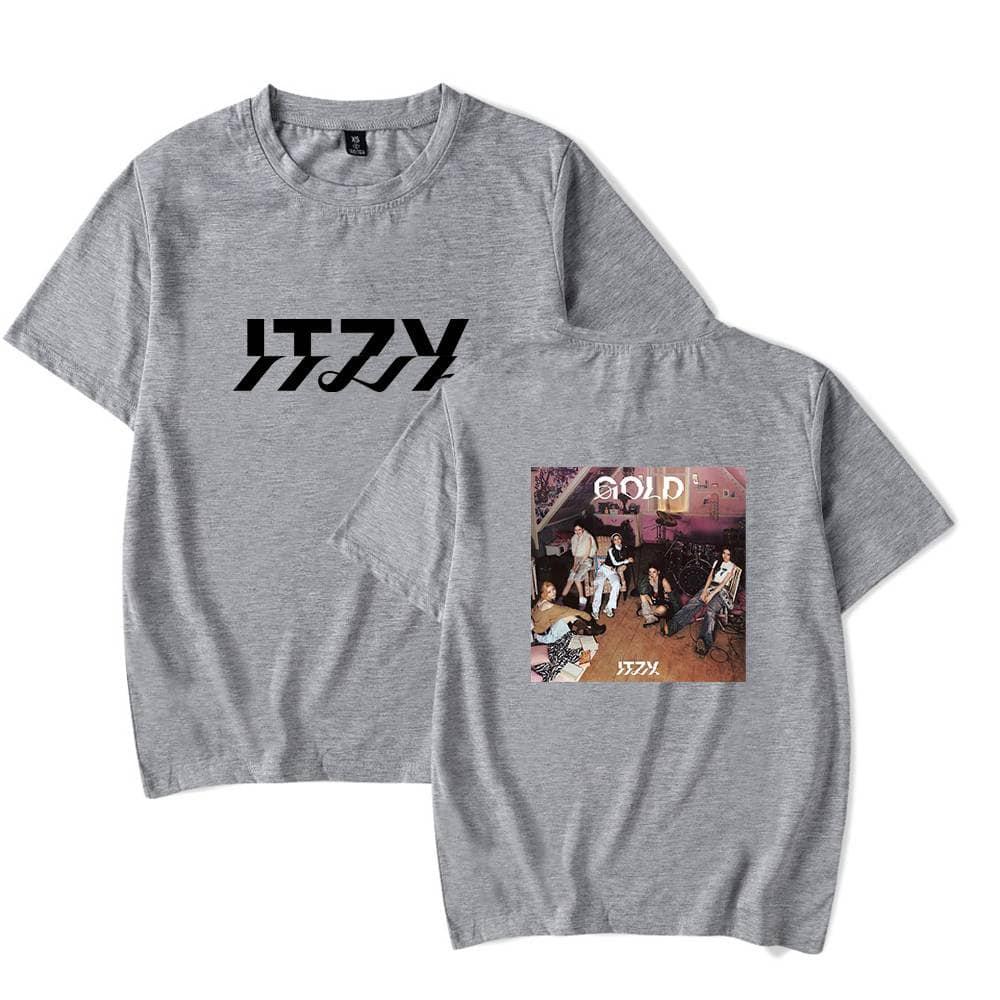 ITZZY graphic t-shirt featuring band photo and logo, casual streetwear style, perfect for music fans and concert goers. Unisex design in heather gray, made from soft cotton fabric.