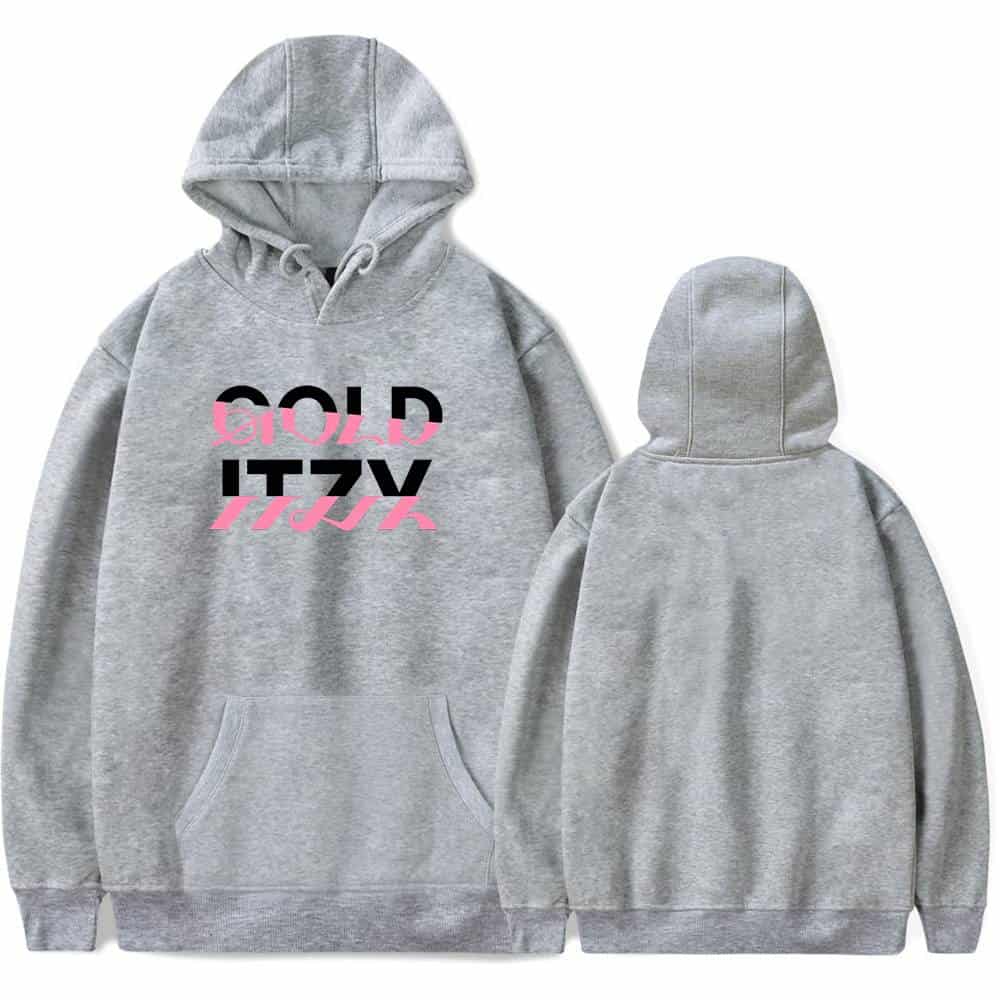 GOLD LITZ hoodie in light gray with bold black and pink graphic print, featuring a front pocket and drawstring hood, perfect for casual wear and street style fashion.