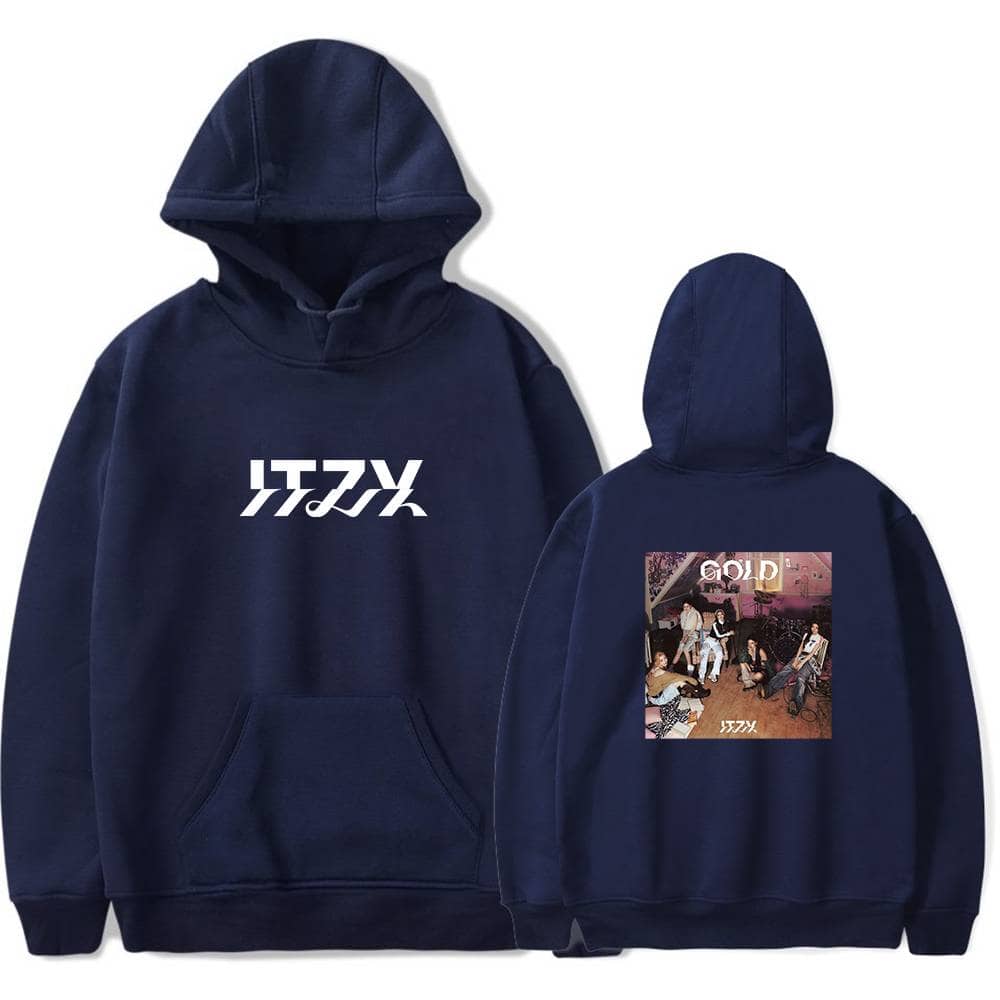 A hoodie featuring the word "AZULI" printed in bold white letters on the front and a photo of a group of people with the word "GOLD" on the back, highlighting trendy streetwear merchandise.