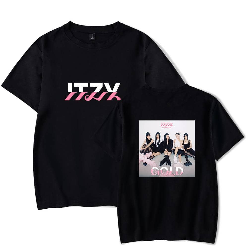 ITZY GOT7 merchandise t-shirts with band photo and bold graphic text in black color. Perfect for fans to showcase their support and style. Casual and trendy apparel for music lovers.
