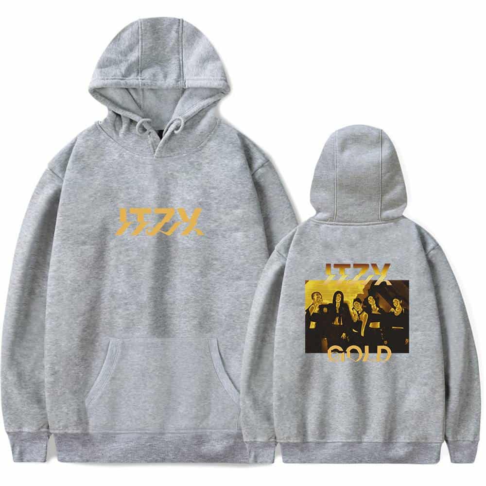 Yellow text with a bold font that says "ITZZY" on the front and "GOLD" on the back, along with a graphic of four women on the back, printed on a light gray hoodie.