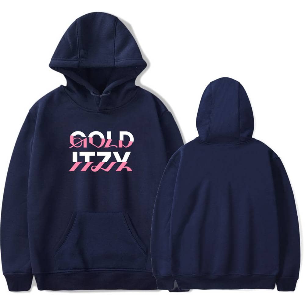 Comfortable navy blue hoodie with bold white and pink "GOLD" and "ITALY" text design, perfect for casual wear and street fashion.