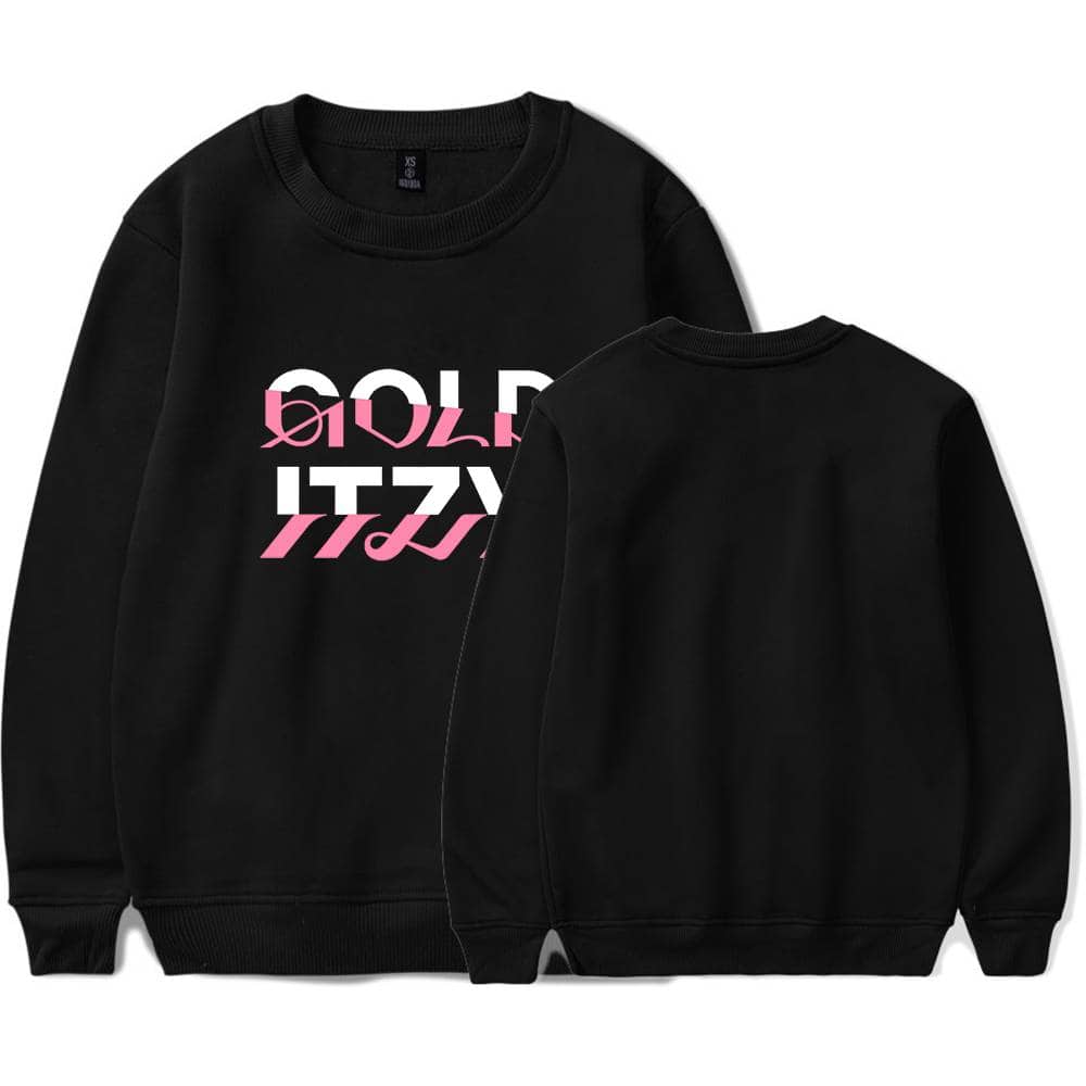 Bold black sweatshirt featuring a modern, layered pink and white graphic text design, perfect for casual streetwear fashion and everyday wear.