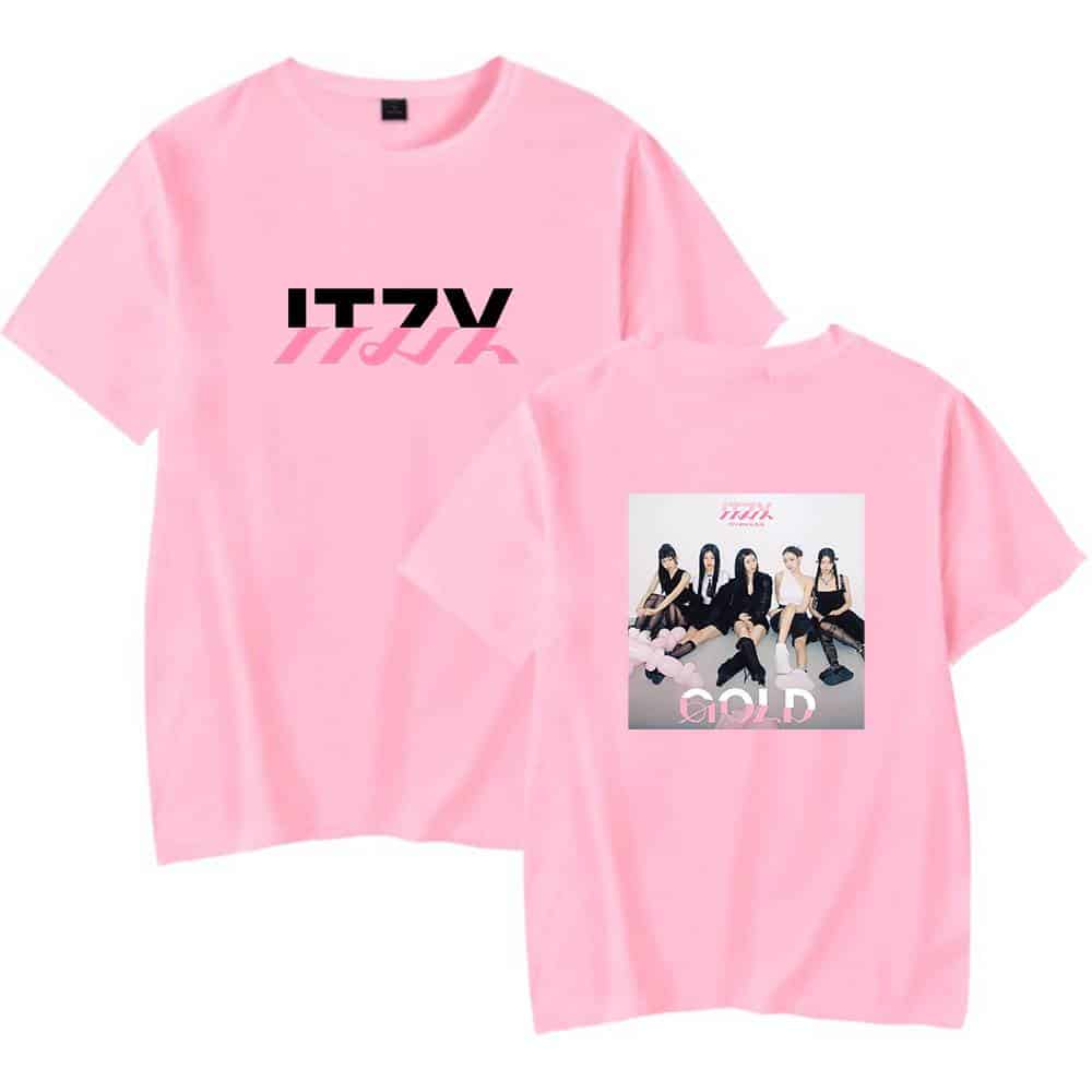 Pink K-pop girl group merchandise T-shirt with group photo and bold text design.