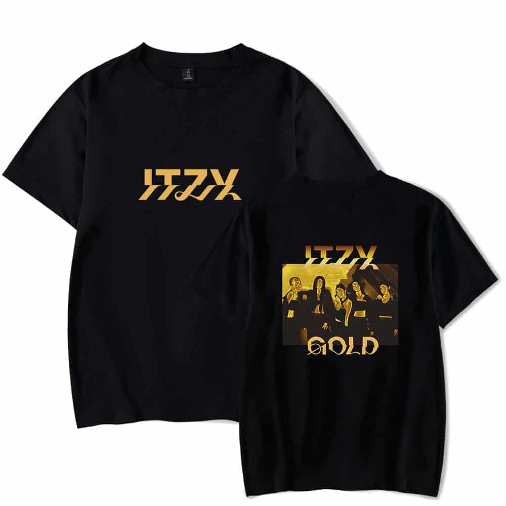 Bold black graphic t-shirts featuring yellow and gold text and imagery of a girl group, perfect for music fans and pop culture enthusiasts. Made from comfortable, high-quality fabric, ideal for casual wear and concerts.