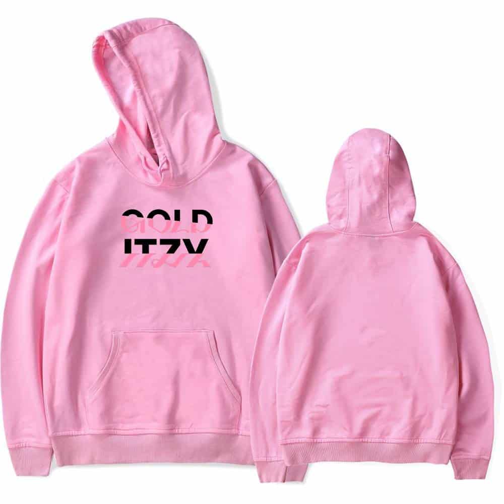Gold vita hoodie with pink and black logo design on front, casual streetwear style, unisex fit, comfortable fabric, perfect for everyday wear and fashion statement.