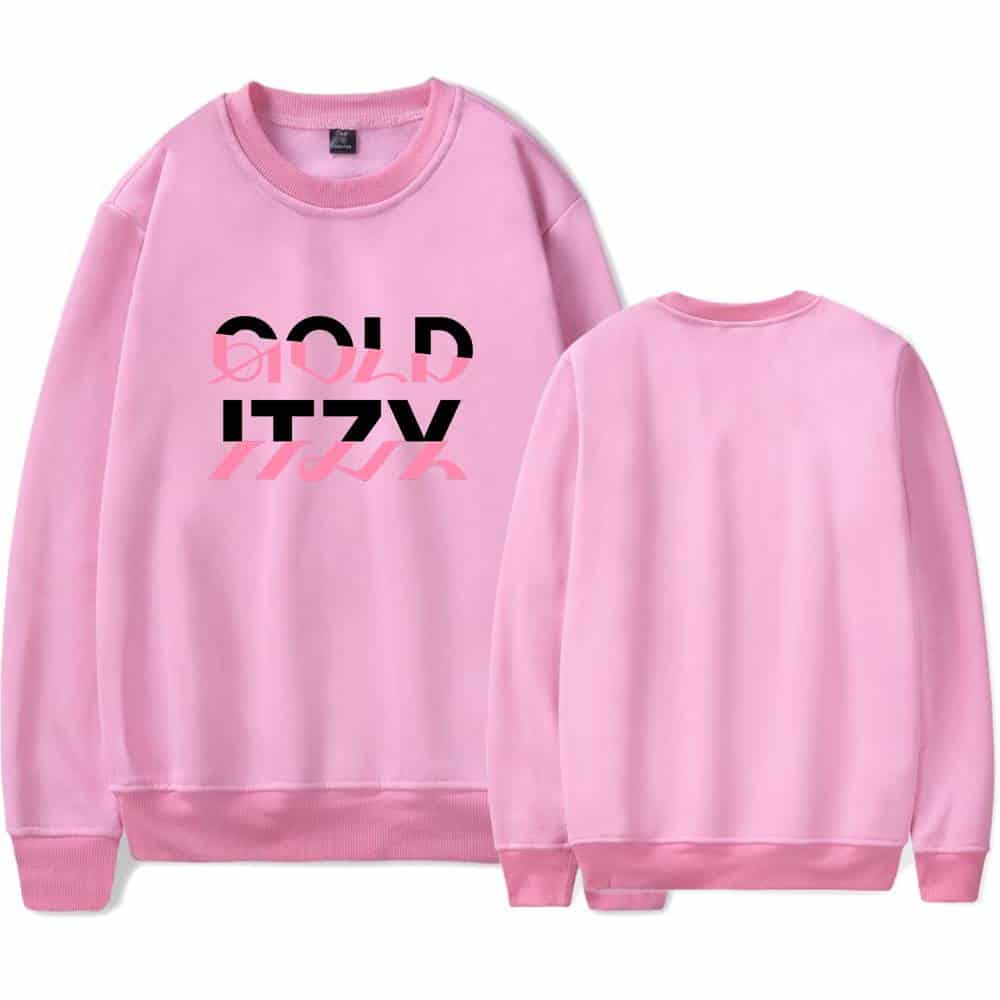 Gold merch sweatshirt with bold black and pink text design for casual streetwear style, perfect for fashion-forward individuals. Unisex fit, comfortable material, ideal for everyday wear.