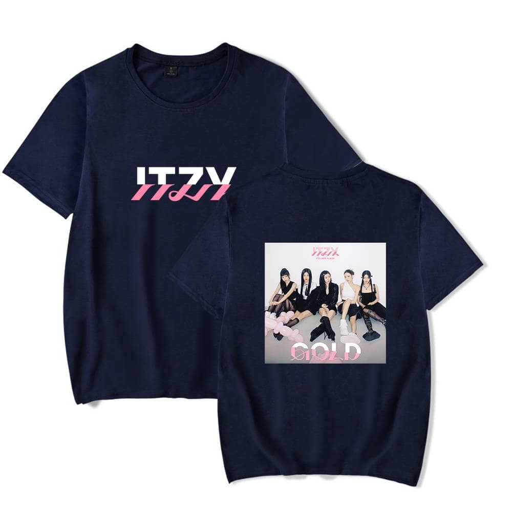 ITZY merchandise t-shirt featuring a group photo of the band members and the band's logo in pink and white on a navy blue background.