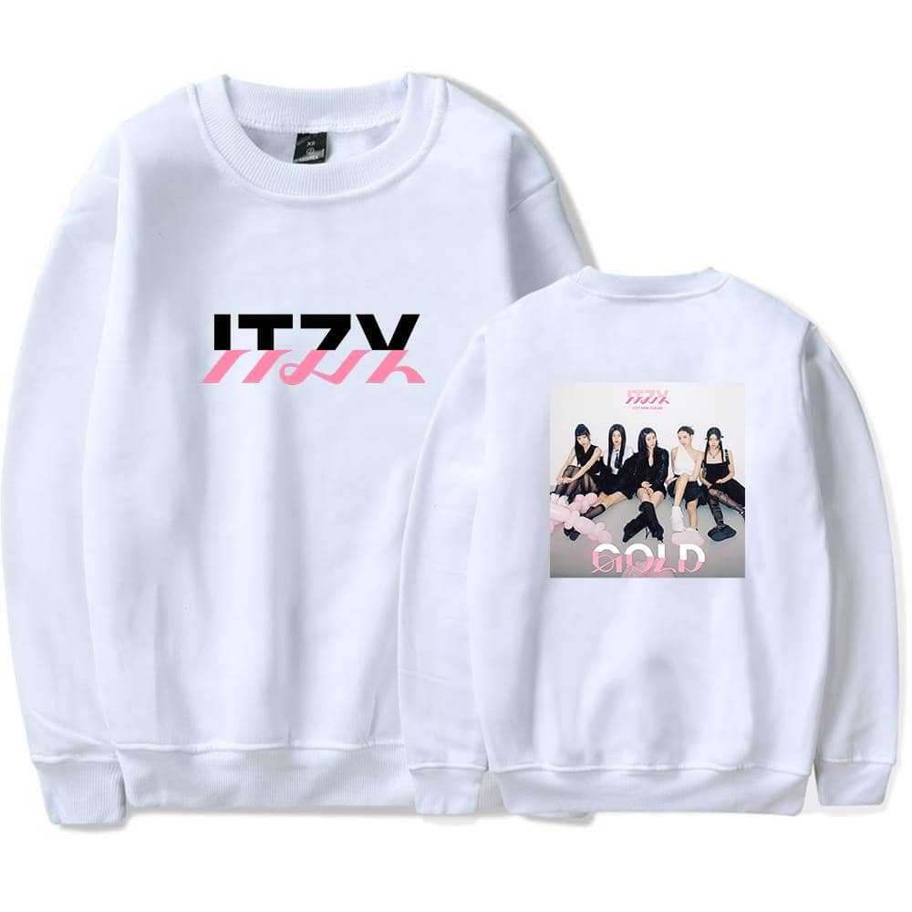 ITZY merchandise sweatshirt with a group photo of the members on the back and ITZY-themed text on the front.