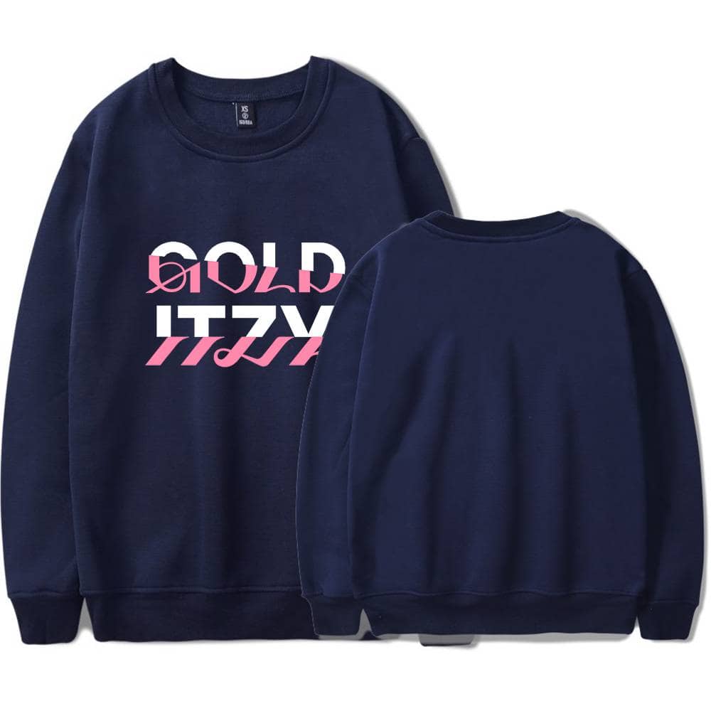 Gilded sweatshirt with bold white and pink "GOLD" and "ALL" text design on the front; navy blue color.
