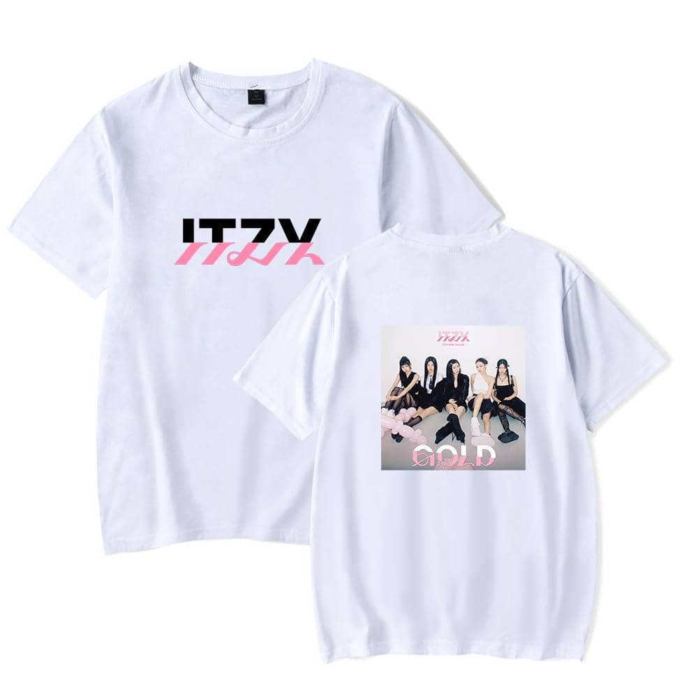 Pink and black "ITZY" logo graphic t-shirt featuring the girl group.