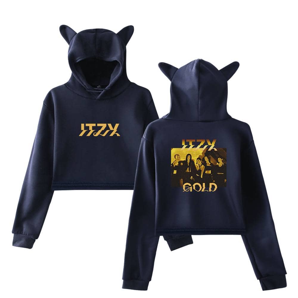 Comfy hooded sweatshirt for kids, featuring a cute cat ear hood design in navy blue with gold graphic print, perfect for casual wear and everyday comfort.