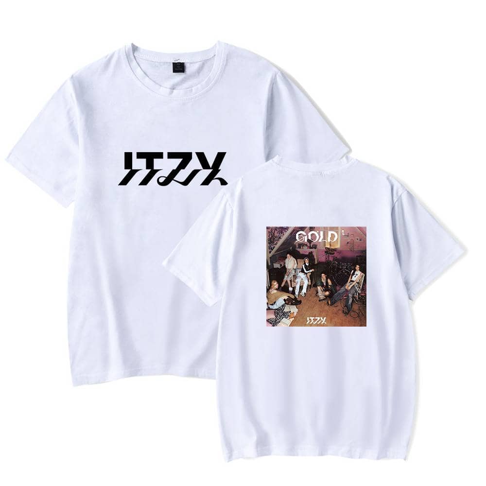 Unique white graphic t-shirts featuring bold text and a vibrant band photo design, perfect for music fans and casual wear.