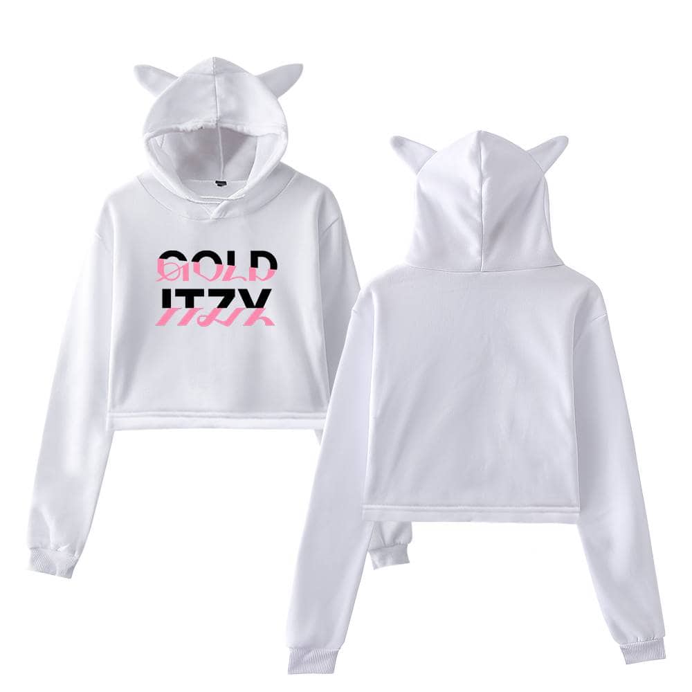 White cropped hoodie with unicorn ears and bold pink and black graphic text on the front. Perfect for casual wear and making a playful style statement. Made from comfortable, soft fabric.