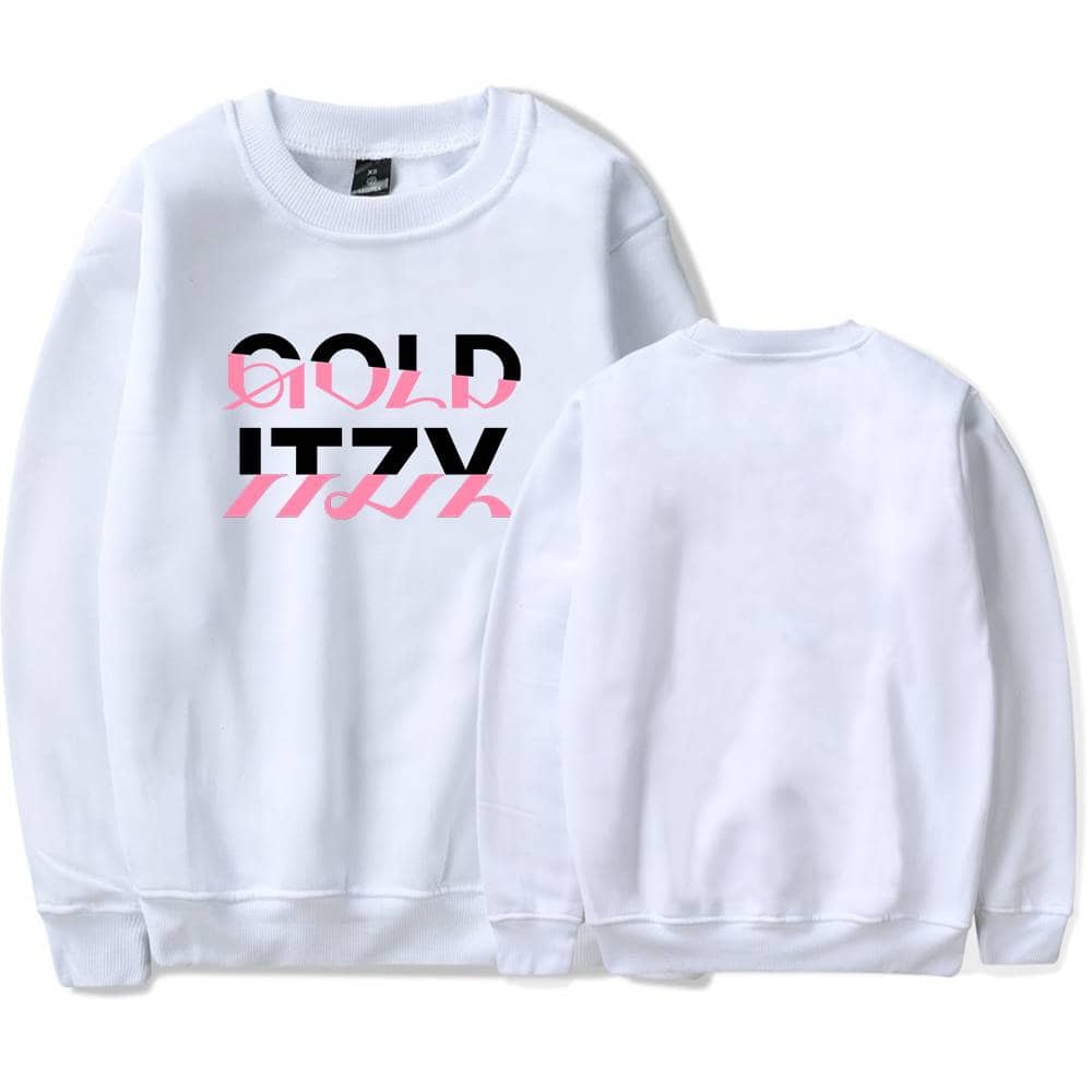 Gold sweatshirt with bold black and pink text printed on the front and back, casual streetwear fashion item, unisex, comfortable cotton material, trendy modern design, for everyday wear or as a gift idea.